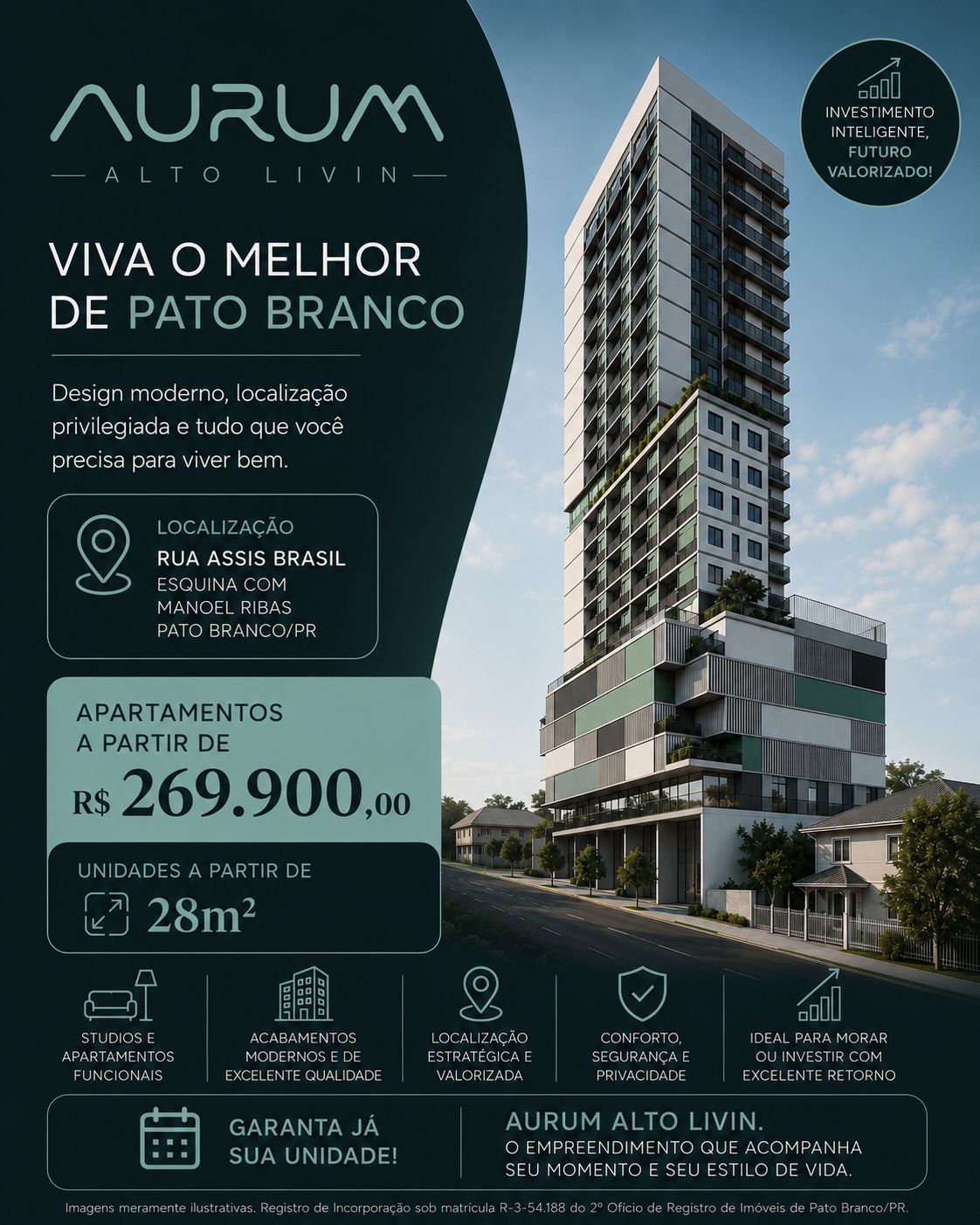 Edifício Aurum Alto Livin - Pato Branco/PR. Apartamentos a partir de R$ 269.900,00, unidades a partir de 28m².